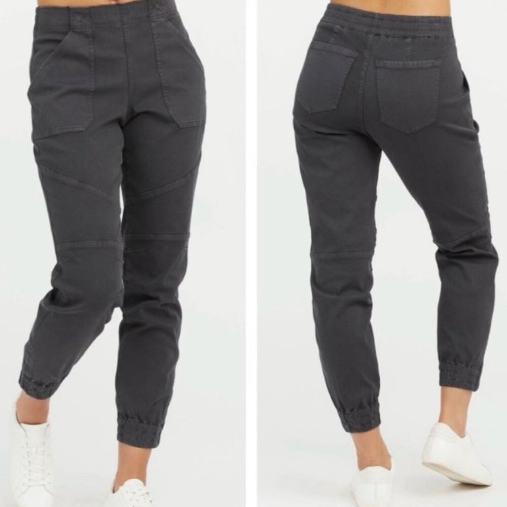 SPANX Stretch Twill Cargo Jogger Washed Black Slimming Front Panel Womens Medium
